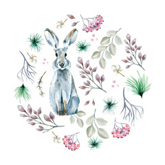 Obraz premium Circle frame of winter plants and hare watercolor illustration isolated on white.