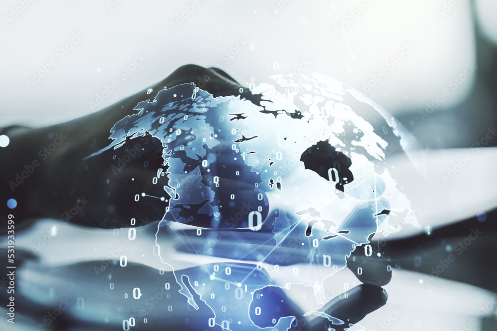 Aufkleber Double exposure of abstract creative programming illustration with world map and finger clicks on a digital tablet on background, big data and blockchain concept