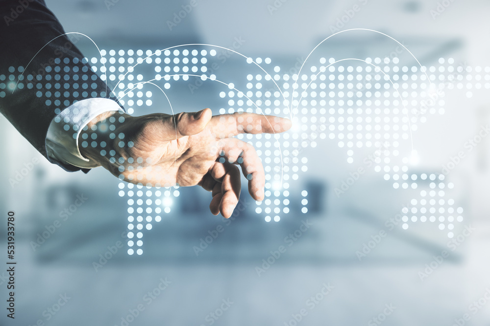 Poster man hand working with abstract virtual world map with connections on blurred office background, inte