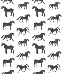 Vector seamless pattern of hand drawn doodle sketch brown horse breeds isolated on white background