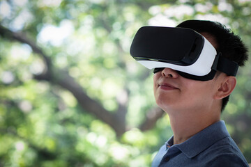 Close up man using VR headset