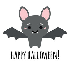 Vector flat hand drawn cute bat and happy Halloween lettering isolated on white background