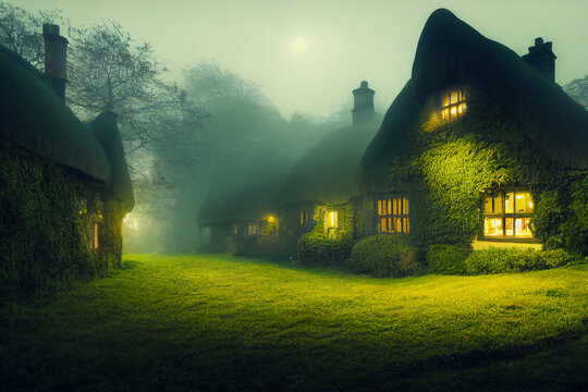 Quaint  Thatch concept, Moss covered old houses in fog environment 3d rendering