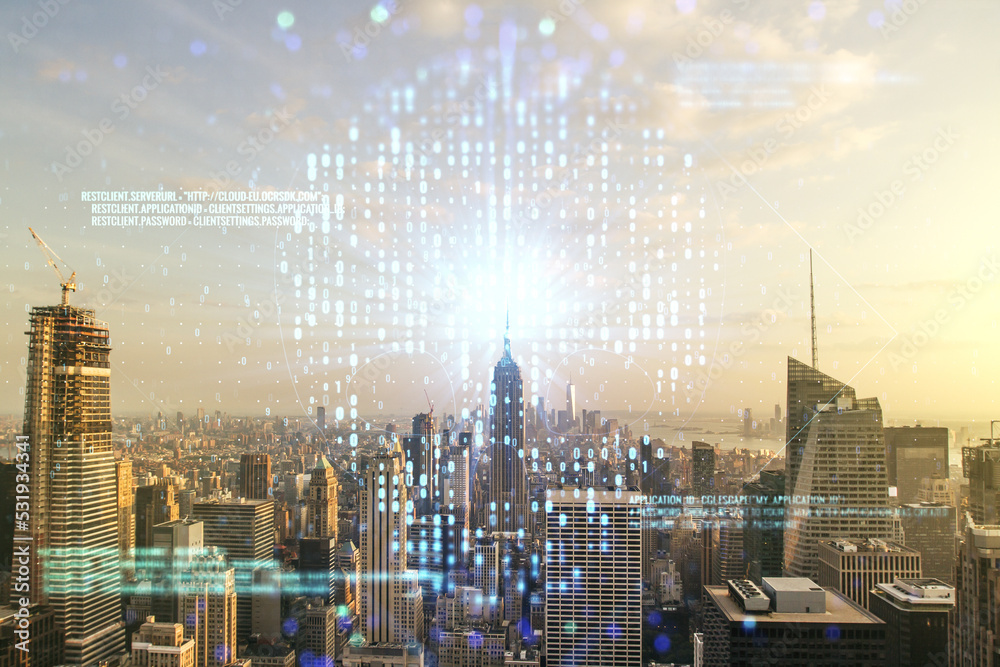 Poster double exposure of abstract virtual creative code skull hologram on new york city skyscrapers backgr