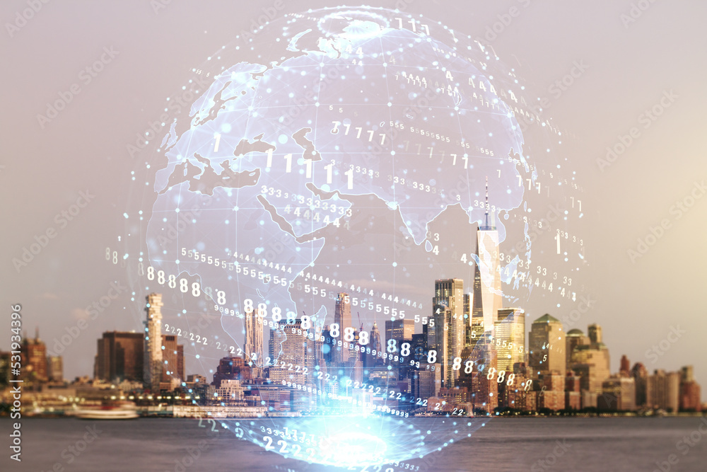 Aufkleber multi exposure of abstract software development hologram and world map on new york city skyscrapers 