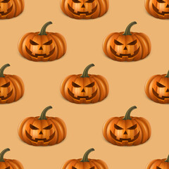 Vector Halloween Seamless Pattern with Funny Pumpkins. Cute Jack-o-lanterns, Carved Pumpkin Faces Backgrounds, Wallpapers for Invitations, Cards, Fabrics, Packaging, Wrapping, Banners, Textiles