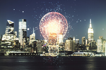 Abstract virtual light bulb illustration on New York cityscape background, future technology concept. Multiexposure