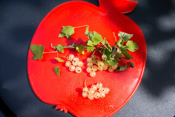 A bunch of white currant berries with leaves on a red plastic plate