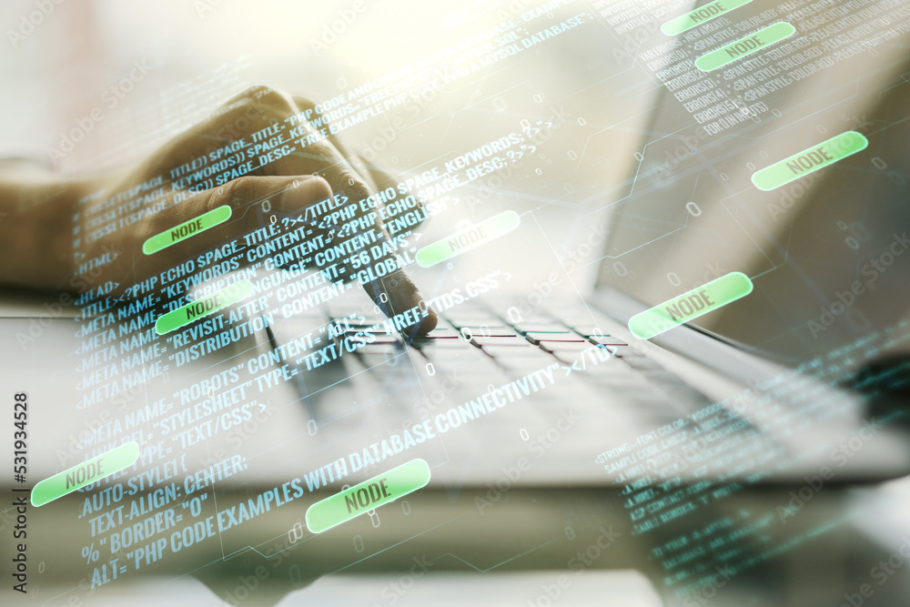 Aufkleber abstract creative coding illustration with hands typing on laptop on background, software developmen