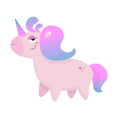 Cute pink unicorn in cartoon style isolated on white background