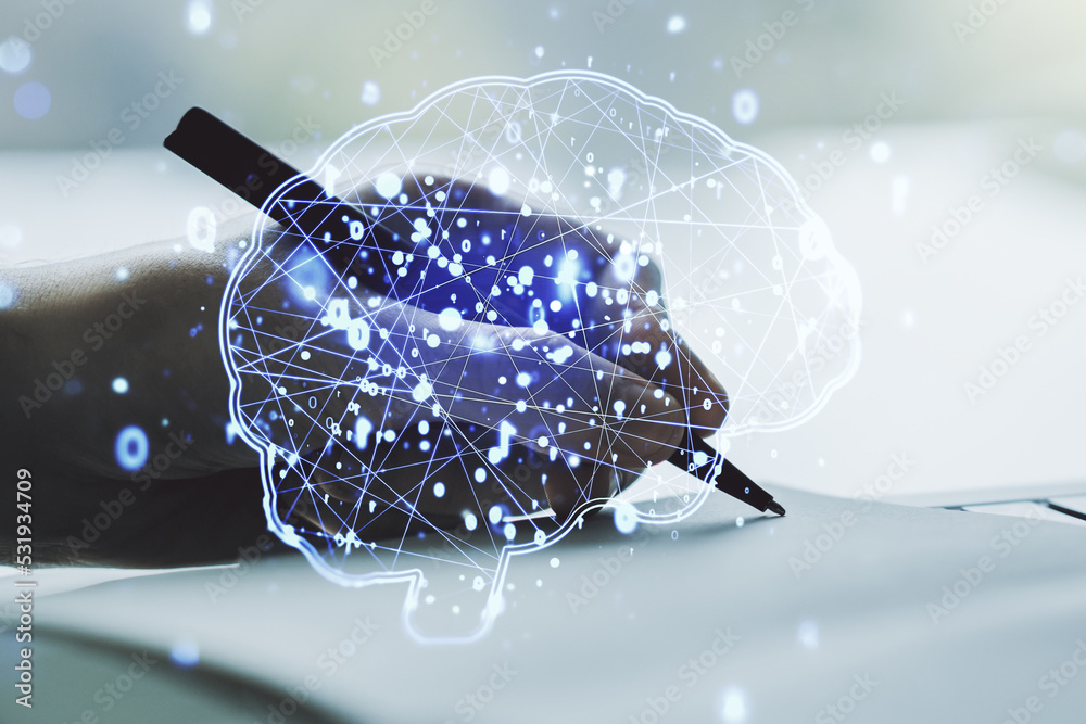 Aufkleber Creative artificial Intelligence concept with human brain sketch and man hand writing in diary on background. Double exposure