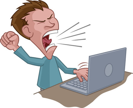 An angry stressed man shouting at a laptop cartoon