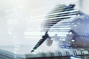 Obraz premium Double exposure of abstract digital world map and woman hand writing in notepad on background, big data and blockchain concept
