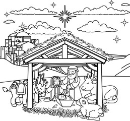 Nativity Scene Christmas Cartoon - obrazy, fototapety, plakaty