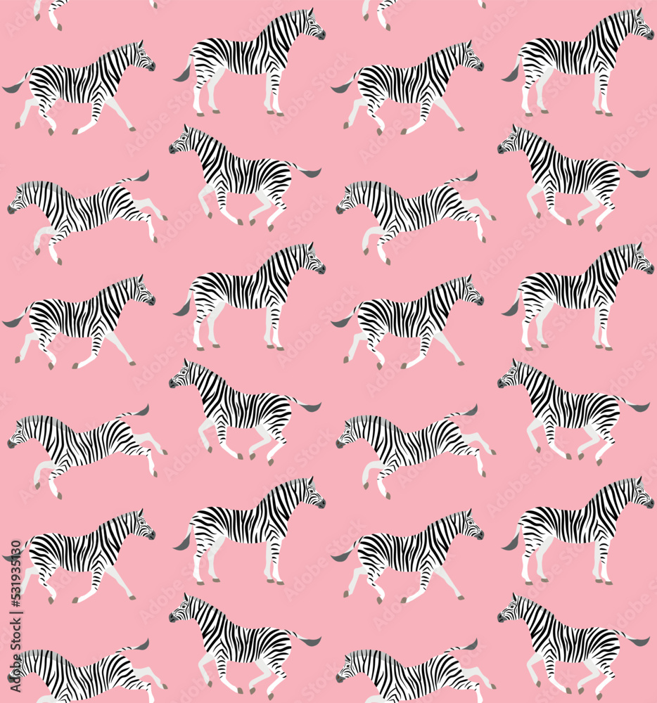 Wall mural Vector seamless pattern of flat hand drawn zebra isolated on pink background