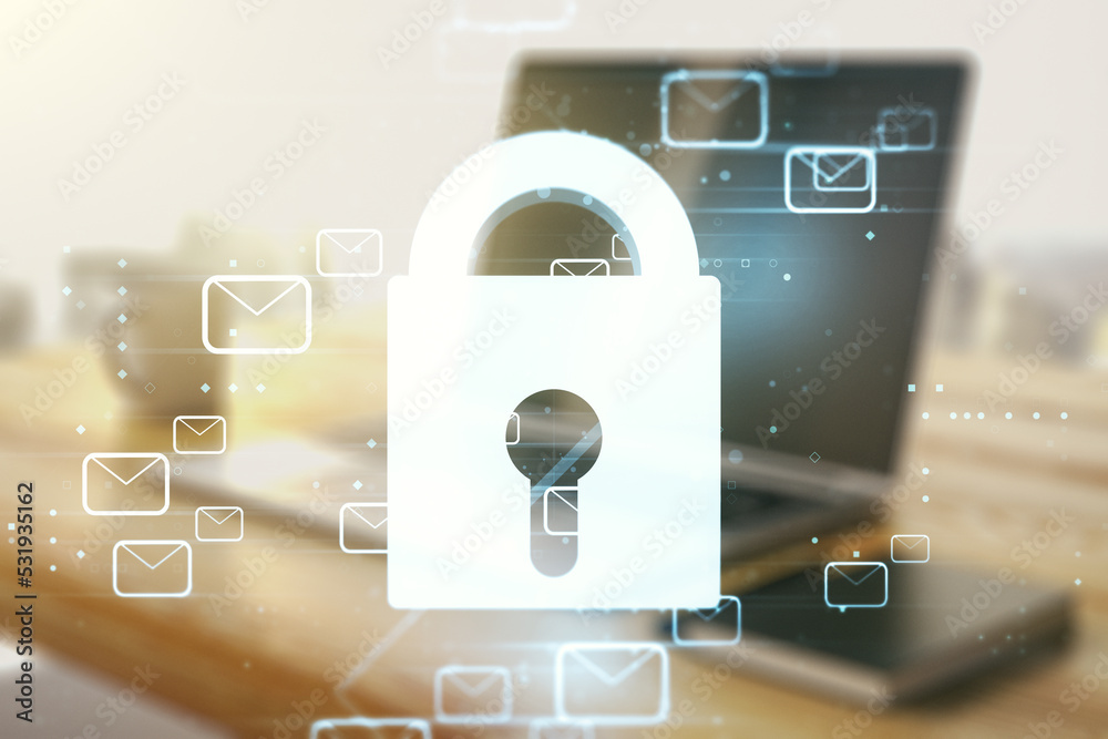 Poster Creative concept with lock symbol and postal envelopes illustration and modern desktop with computer on background. Protection and firewall concept. Multiexposure