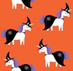 Vector seamless pattern of hand drawn flat witch Halloween unicorn isolated on orange background