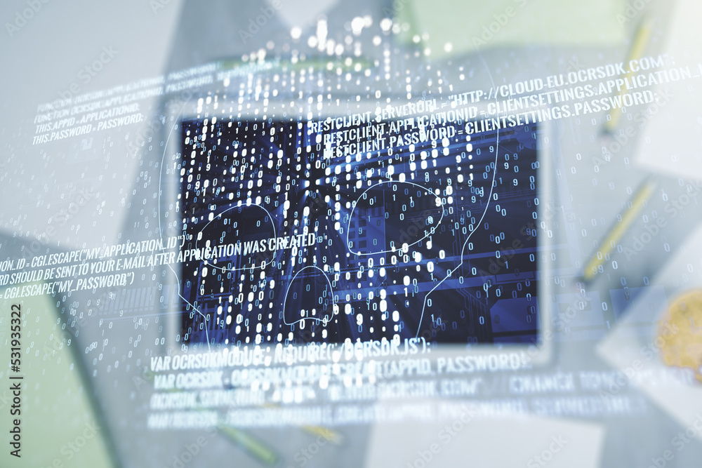 Poster double exposure of creative code skull hologram and digital tablet on background, top view. malware 