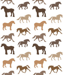 Vector seamless pattern of different hand drawn horse breeds silhouette isolated on white background