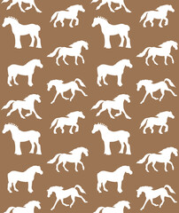 Vector seamless pattern of hand drawn horse breeds silhouette isolated on brown background