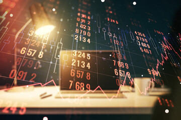 Multi exposure of abstract statistics data hologram interface on computer background, computing and analytics concept