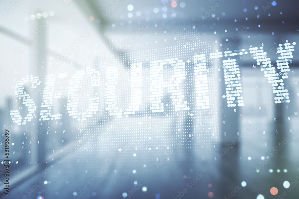 Poster virtual cyber security creative concept on abstract empty interior background. double exposure