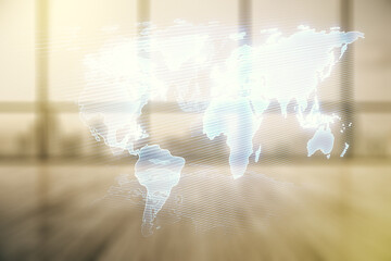 Abstract creative world map interface on empty corporate office background, international trading concept. Multiexposure