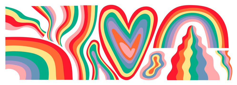 Rainbow collage elements set, 90s aesthetic, pride month vector illustration. Positive colorful kid shapes, contemporary spectrum decoration, trendy stripe pattern, freedom collection, equality symbol