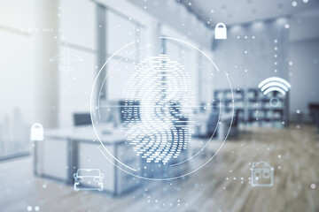 Abstract virtual fingerprint illustration on a modern furnished classroom background, personal biometric data concept. Multiexposure