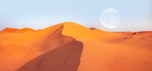 Plakat Beautiful sand dunes in the Sahara desert at sunrise with super full moon - Sahara, Morocco 