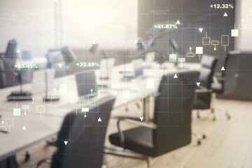 Fototapeta premium Multi exposure of virtual creative financial graph and world map on a modern furnished office background, forex and investment concept