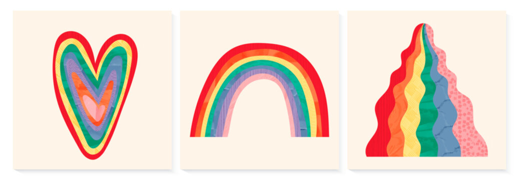 Collage rainbow vector poster design set. Abstract and positive minimalist background with brightl boho arc. Collection of scandinavian childish color illustration with brush texture. Equality symbol