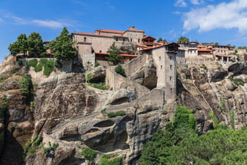 Fototapeta na wymiar Monastery of Transfiguration of Christ (Great Meteoron) stands atop the highest rock pillar called Platylithos above Pineios valley floor and is the largest and oldest in Meteora, Greece