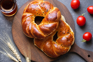 Traditional Turkish pastry acma on rustic table, famous bakery product