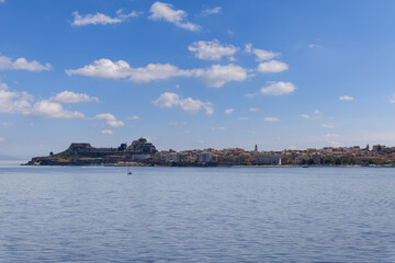 Fototapeta premium Historic Venetian Old fortress on the hill of St. Mark and main port on Corfu island, Greece, sunny summer morning