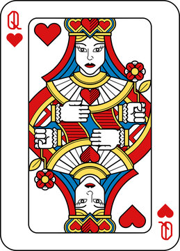 Playing Card Queen of Hearts Yellow Red Blue Black