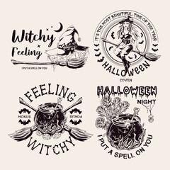 Set of halloween labels with pretty young witch, broomstick, moon, roses, cauldron, fire, witch hat, spiderweb, text, silhouette of bats. Monochrome emblems in vintage style on a white background