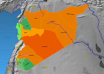 Administrative and political colored vector Map of Syria with colourful regions and Capital and neighboring Countries