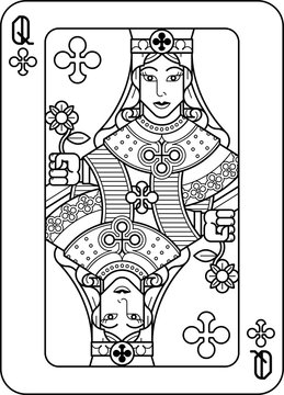 Playing Card Queen of Clubs Black and White