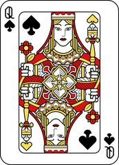 Playing Card Queen of Spades Red Yellow and Black