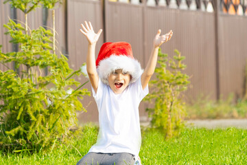 A child in a New Year's santa claus hat poses on the lawn