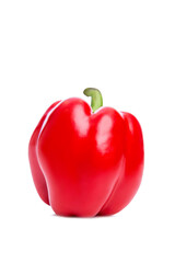 Bright red sweet bell pepper. Vitamins and healthy natural nutrition. Isolated on white background. Vertical. Space for text.