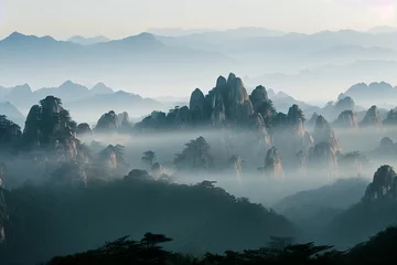 Vlies Fototapete Huang Shan Nebel am frühen Morgen, der die Gipfel des Huangshan-Gebirges bedeckt