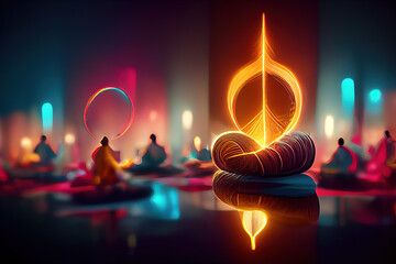 Sound healing therapy and meditation ,uses aspects of music to improve health and well being. Find out which sound therapy instruments can help your meditation and relaxation at home 3D illustration - obrazy, fototapety, plakaty
