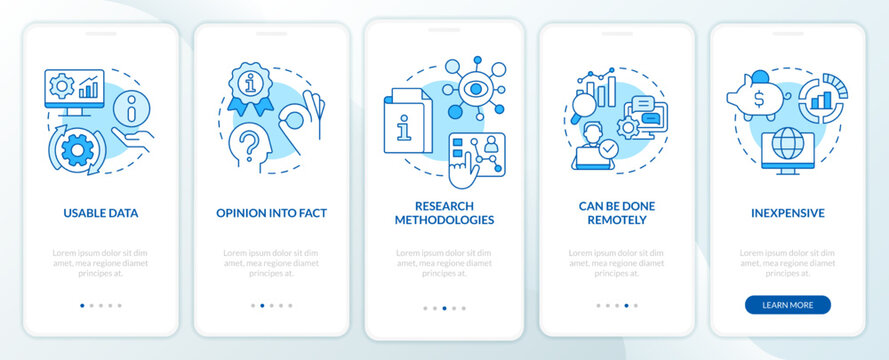 Advantages Of Case Study Blue Onboarding Mobile App Screen. Benefits Walkthrough 5 Steps Editable Graphic Instructions With Linear Concepts. UI, UX, GUI Template. Myriad Pro-Bold, Regular Fonts Used