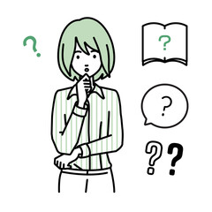 立って手をあごにあてて疑問を感じているブラウスの女性 クエスチョンマークのセット