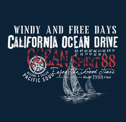 Wind and free days.California ocean drive.Vector t shirt print . - obrazy, fototapety, plakaty