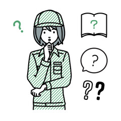 立って手をあごにあてて疑問を感じている作業員の女性 クエスチョンマークのセット