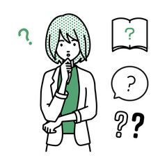 立って手をあごにあてて疑問を感じているジャケットの女性 クエスチョンマークのセット