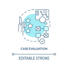 Case evaluation turquoise concept icon. Analysing information. Research drafting abstract idea thin line illustration. Isolated outline drawing. Editable stroke. Arial, Myriad Pro-Bold fonts used